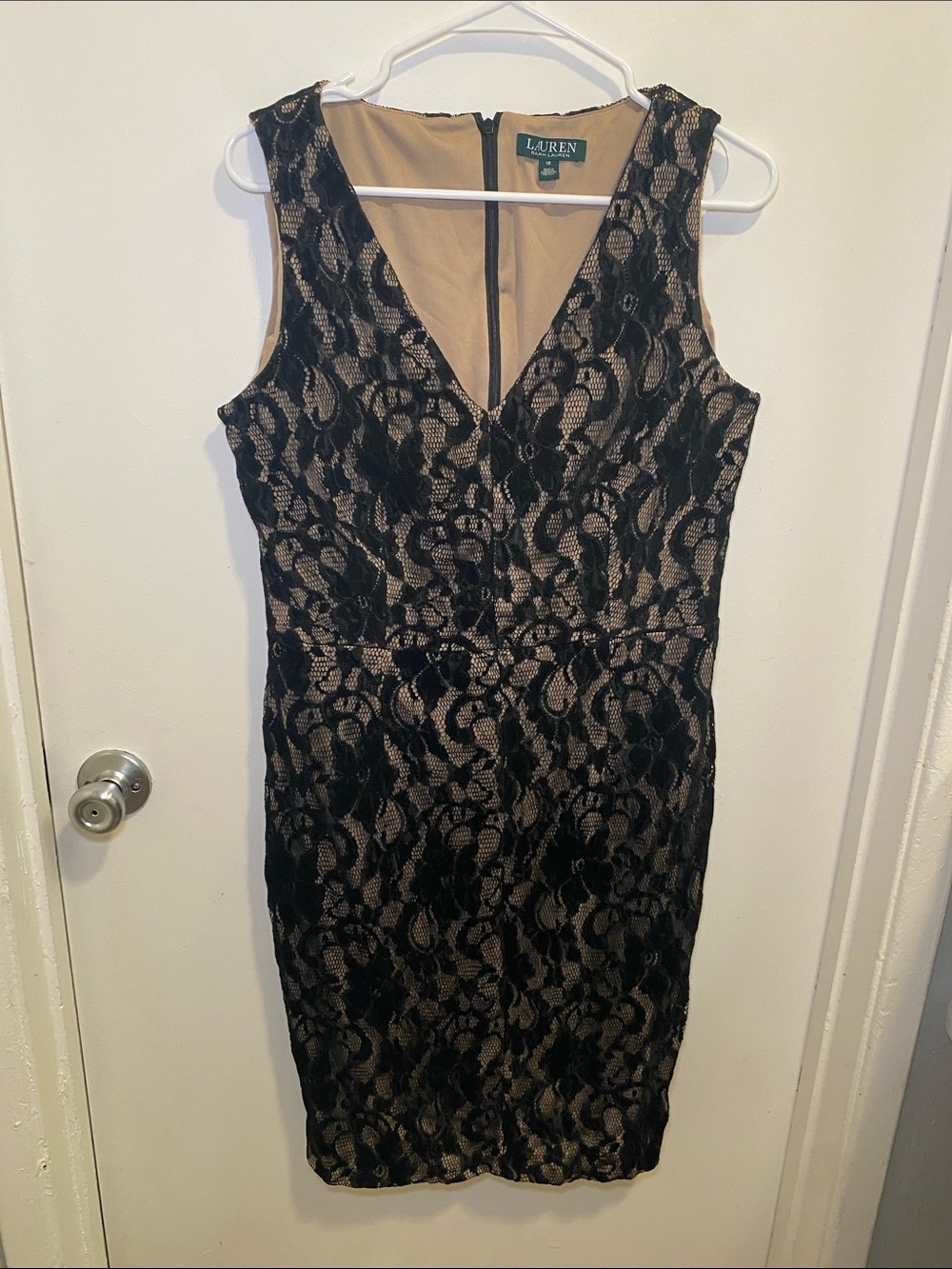 Lauren Ralph Lauren Black Lace Midi Dress with Nude Underlay